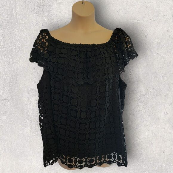 Cato Top Womens Plus Size 26 28 Black Lace Off Shoulder Ruffle Stretch Blouse - Picture 1 of 11